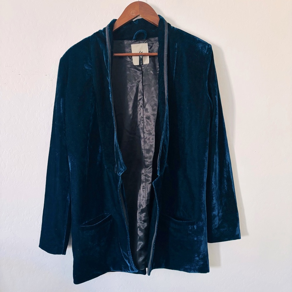 One Teaspoon Elegant Velvet Long Line Open Front Blazer Jacket in Teal Blue 8‎